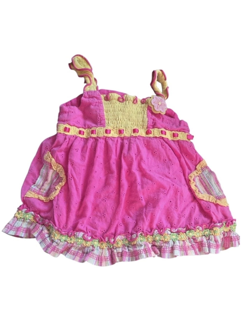 Baby Headquarters Pink & Yellow Smocked Eyelet Ruffle Dress Size 18mos